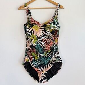 Maxine of Hollywood One Piece Swimsuit Sz 16 Leaf Print Gold Ruched Gold Resort